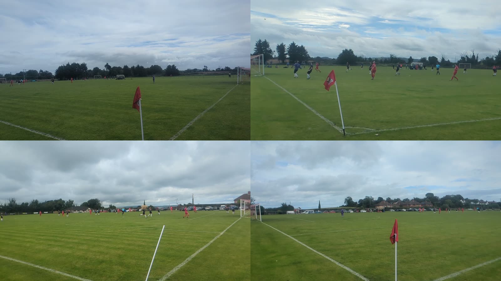 The same second of a football match seen from four phones, one at each corner of the pitch